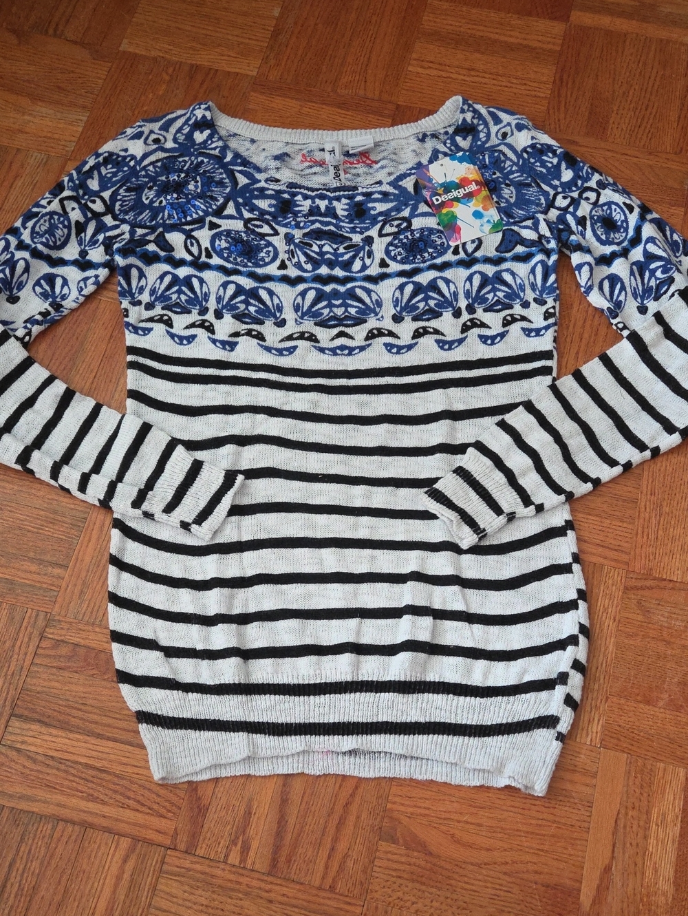 Desigual Blue, White & Black Striped Crewneck Sweater